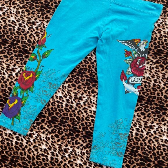 y2k rhinestone turquoise capri leggings - Picture 4 of 7